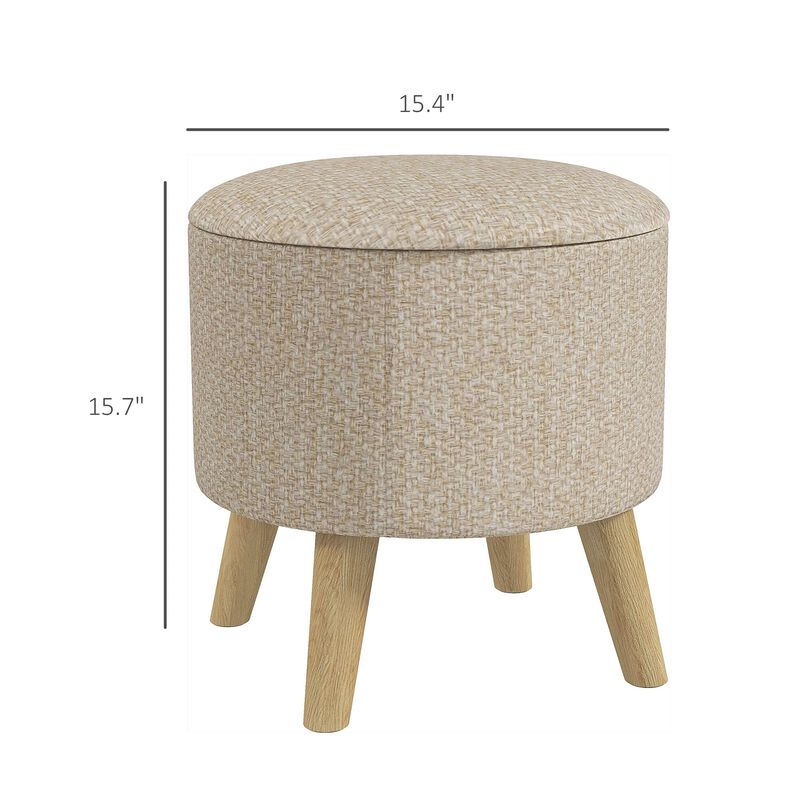 Round Ottoman Stool with Storage, Linen Fabric Upholstered Foot Stool with Padded Seat, Hidden Space and Wood Legs