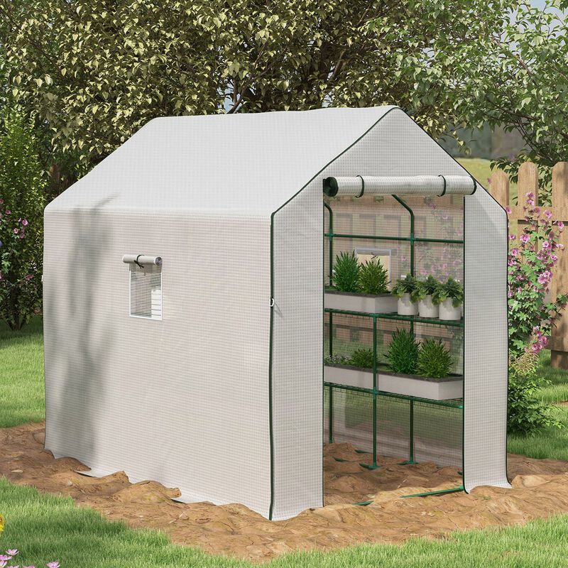 Outsunny 4.6' x 4.7' Portable Greenhouse, Water/UV Resistant Walk-In Small Outdoor Greenhouse with 2 Tier U-Shaped Flower Rack Shelves, Roll Up Door & Windows, White