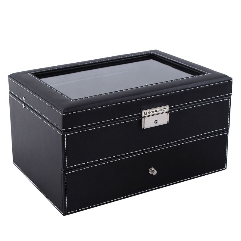 20-Slot Watch Storage Box with Glass Display Lid and Secure Lock