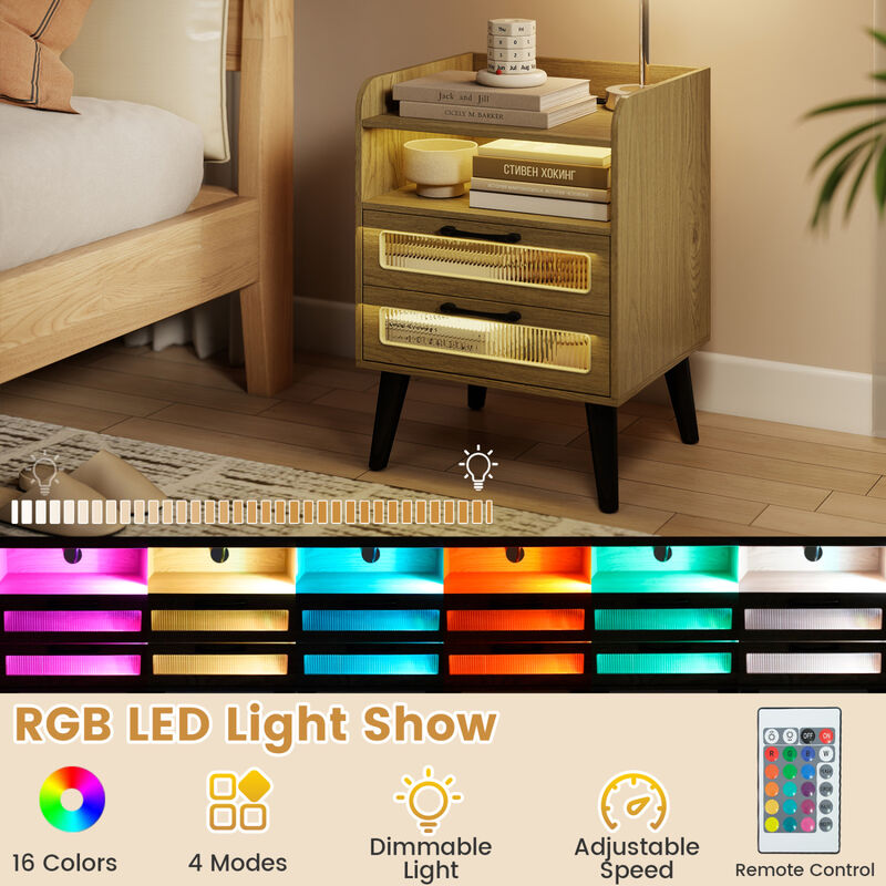 Mid-Century Nightstand with LED Lighting and Built-In Charging Station image number 4