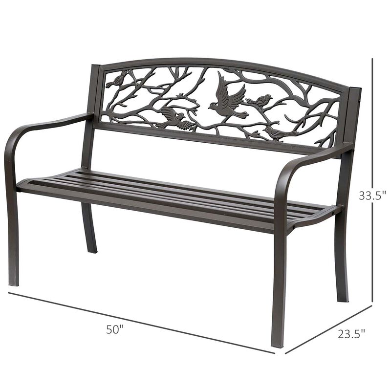 Durable Garden Perch: 50" Brown Metal Patio Bench with Backrest