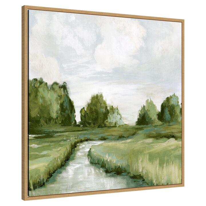 Tranquil Stream Through Green Fields by PI Studio Framed Canvas Wall Art