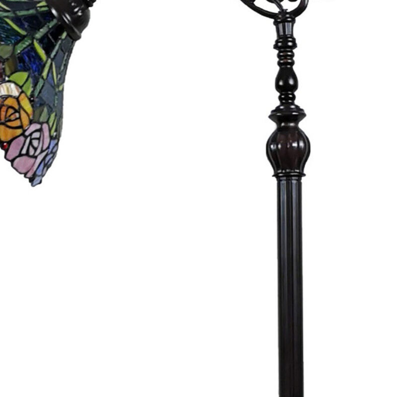 Hivvago 62" Brown Torchiere Floor Lamp With Blue and Yellow Flowers Glass Dome Shade