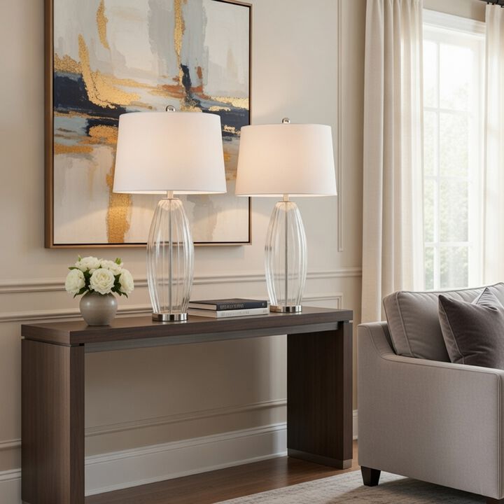 Table Lamp Set of 2, Bullet Shaped Clear Glass, Off White Drum Shade