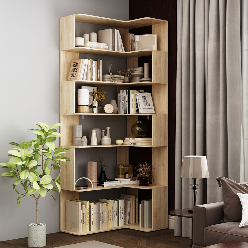 35.4 in. Wide Bright Wood Grain 7-Shelves Accent Bookcase, Open Back Bookshelf, Corner Bookcase (82 in. H x 23.6 in. D)