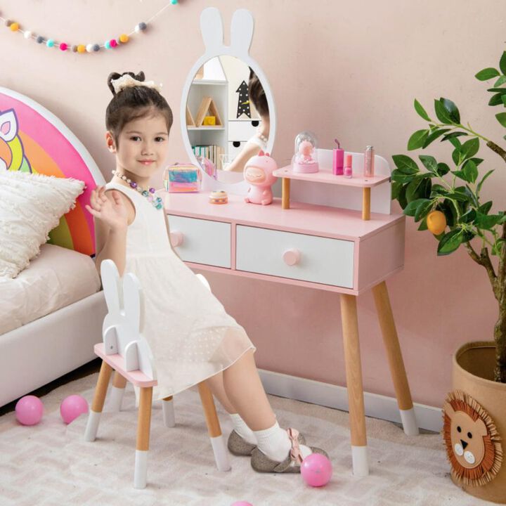 Hivvago Kids Vanity Table and Chair Set with Drawer Shelf and Rabbit Mirror