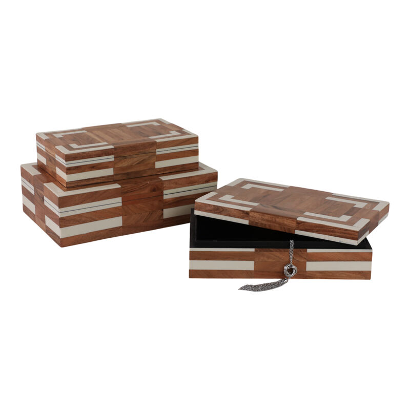 S/3 10/11/12" Wood Inlay Boxes, Natural/ivory image number 1