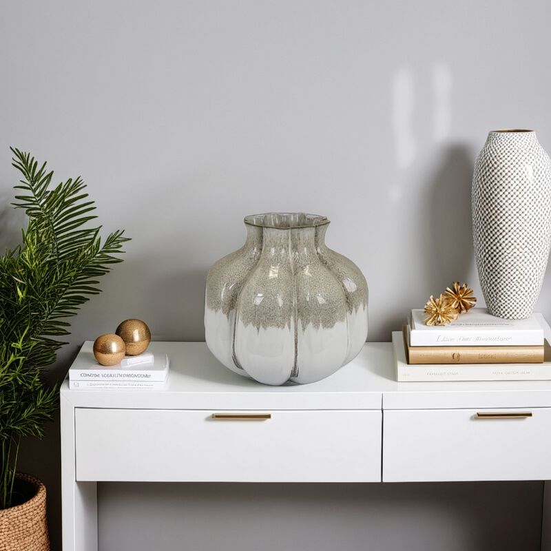 Roxy Rounded Vase with Scalloped Rim, Multi Colored Ceramic 11 Inch - Benzara