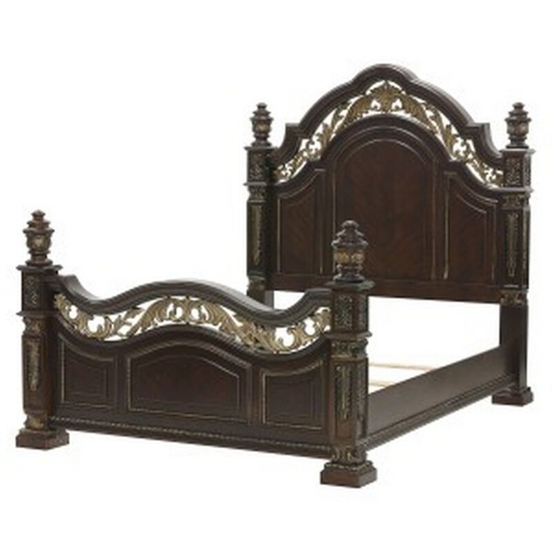 Lumi Queen Bed, Classical Metal Scrollwork, Dark Cherry Brown and Gold - Benzara