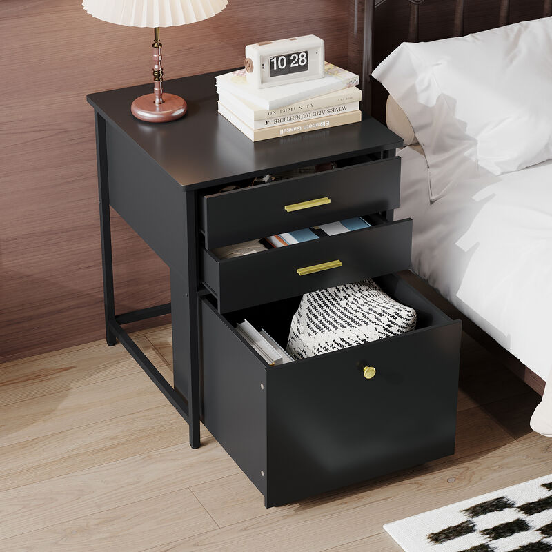 FUFU&GAGA Compact Nightstand, Black Laminate with Gold Handles, (21.7"W x 22.8"D x 27"H), with Pull-out Drawers and Rolling Casters