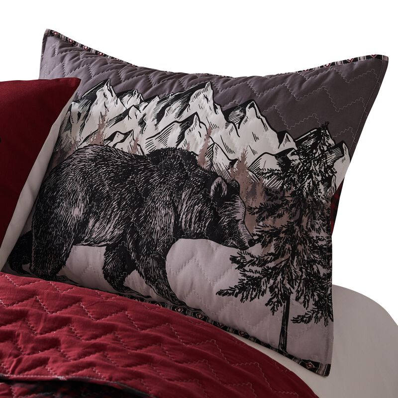 Sofia 20 x 36 King Pillow Sham, Red Plaid Microfiber, Bear and Mountain-Benzara image number 1