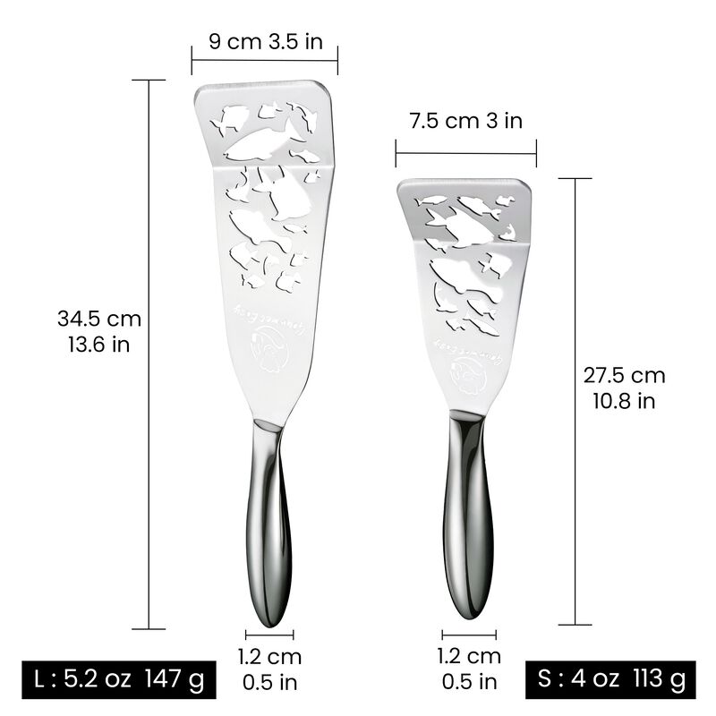 Stainless Steel Fish Spatula Set &ndash; Funky Fish Edition, 1 Large + 1 Small Metal Spatula, Ultra Thin Edge for Easy Turning
