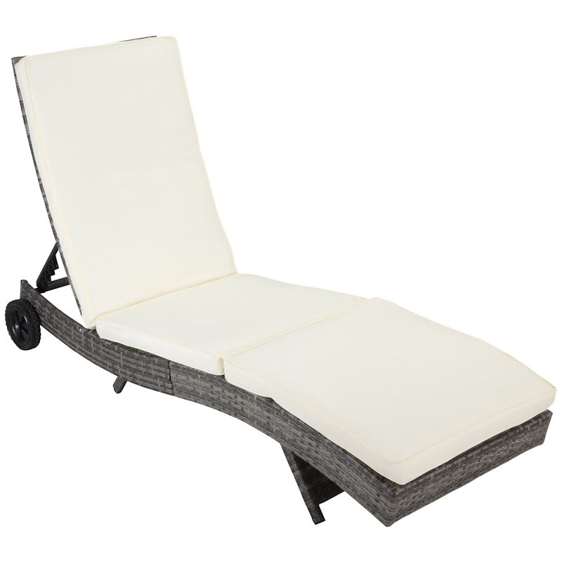 Patio Wicker Cushioned Chaise Lounge Chair, Outdoor PE Rattan Sun lounger w/ 5-Level Adjustable Backrest & Wheels, Off-white image number 1