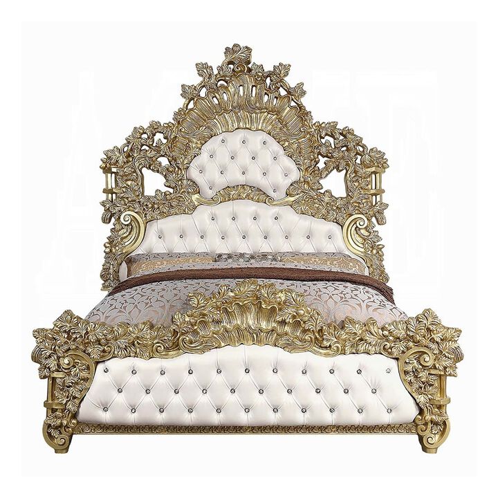 Rexx King Bed, White Faux Leather Victorian Carved, Classic Gold Wood - Benzara