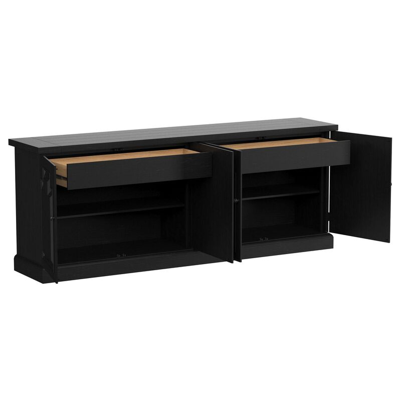 Som Dining Sideboard Buffet, 4 Carved Doors, Classic Black Pine Wood - Benzara