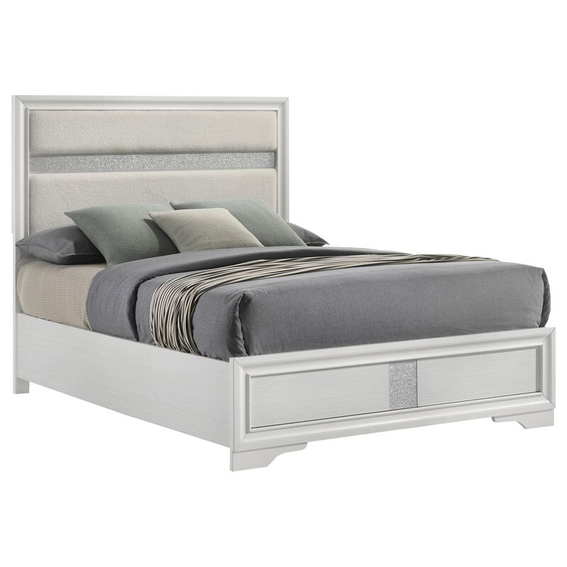 Vino Queen Size Bed, Panel Headboard White Upholstery, Glitter Stripe - Benzara