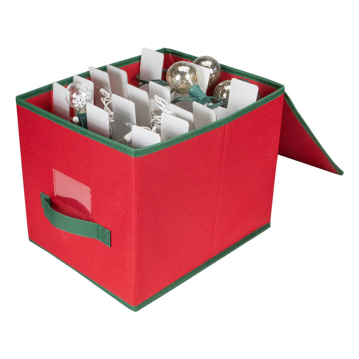 13” Red and Green Christmas Ornament Storage Box with Removable Dividers