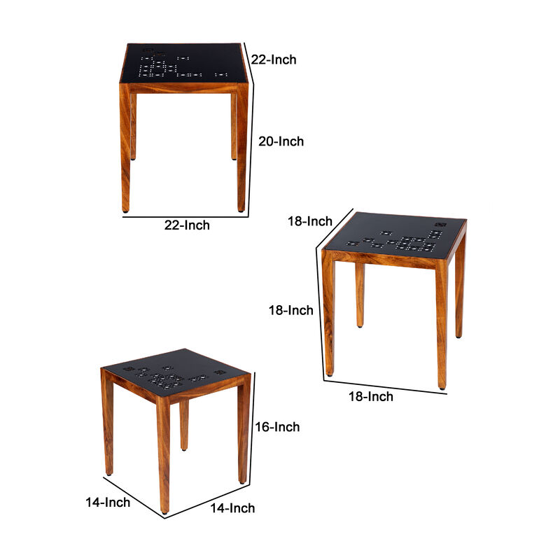 Alba 22 Inch 3 Piece Nesting Table Set, Laser Cut Metal, Black, Brown-Benzara