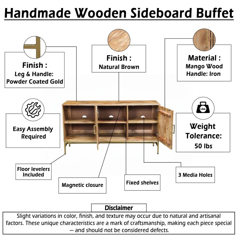 Lysa 50 Inch Sideboard Buffet Cabinet with Open Shelves, Gold Iron Base, Natural Brown Mango Wood image number 4