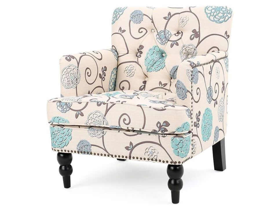 Club Chair &ndash; White/Blue Harrison Tufted Fabric Accent Armchair for Living Room