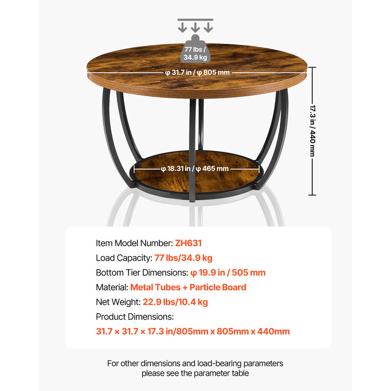 VEVOR Round Coffee Table 2 Tier Wooden Circle Center Desk with Metal Frame Brown image number 3