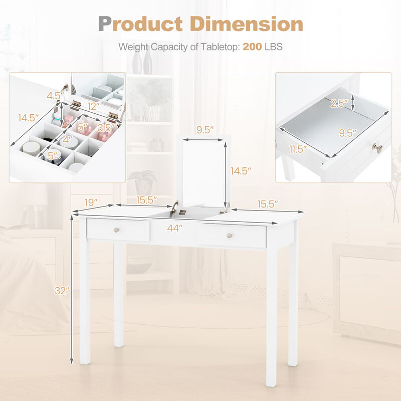 Vanity Desk Makeup Dressing Table with Flip Top Mirror and Drawers-White