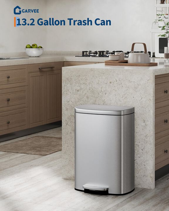 Rustproof Stainless Steel Step-On Trash Can with Lid, Inner Bucket & Rear Handle &ndash; Hands-Free, Durable for Kitchen & Bathroom.