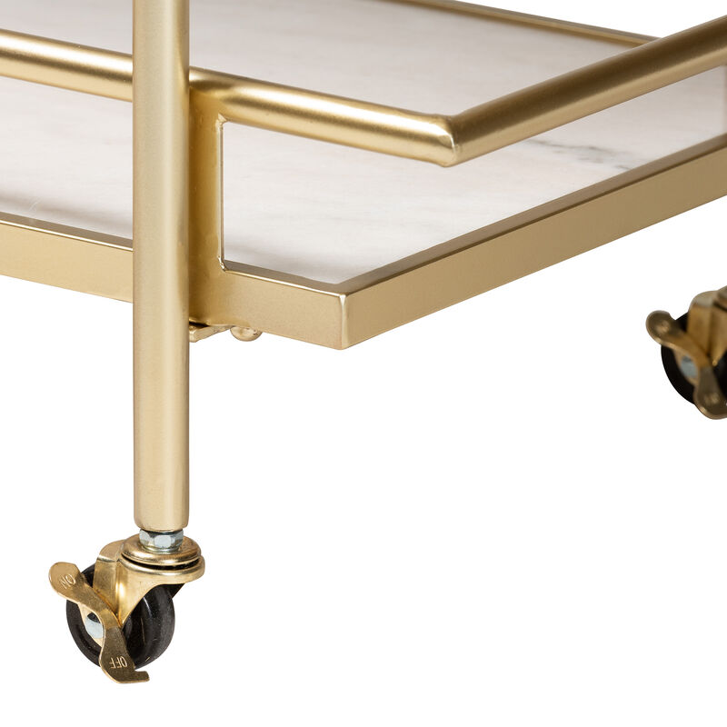 Baxton Studio Louise Contemporary Glam and Luxe Gold Metal and White Marble 2 Tier Wine Cart image number 5