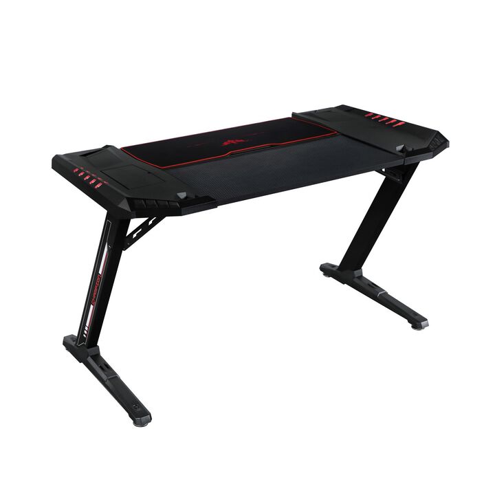 51 Inch Z Shape Lift Top Gaming Desk, LED Lighting, USB Ports, Modern Black-Benzara