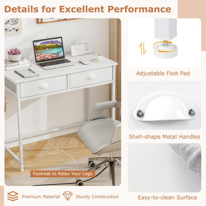 Space-Saving Home Office Desk with 2 Fabric Drawers and 4 Hanging Hooks for Storage