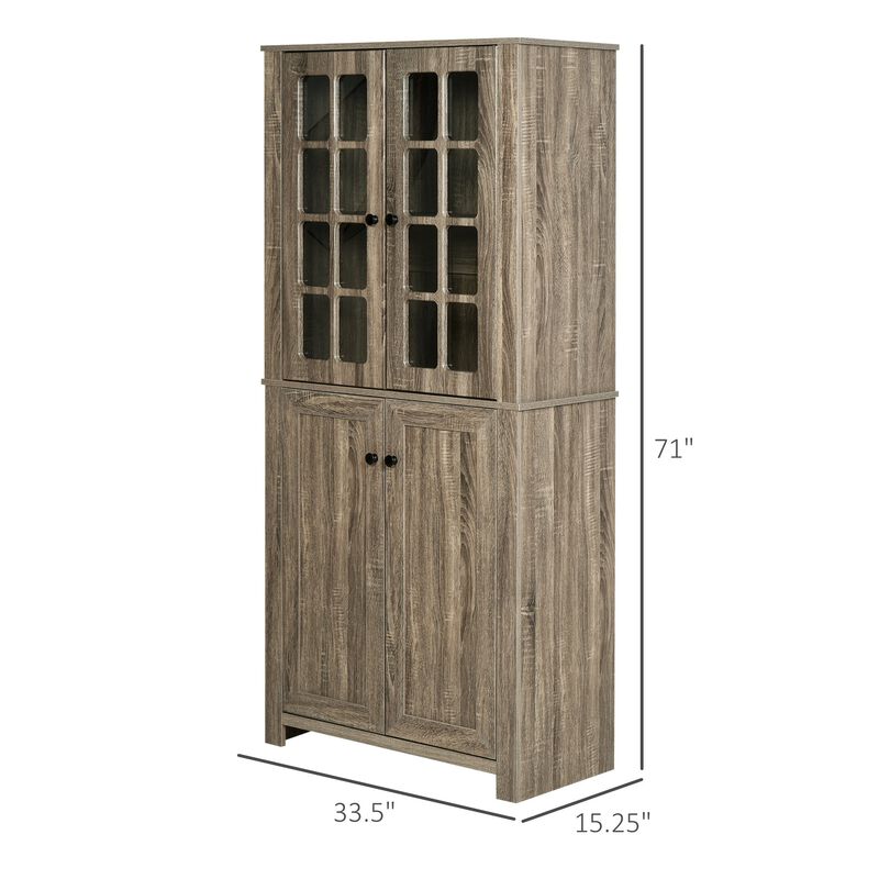 71" Freestanding Kitchen Pantry Cabinet with Glass Door and Shelves, Tall Cupboard for Dining Room, Living Room, Natural