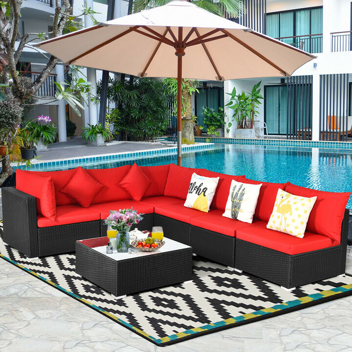 7-Piece Outdoor Sectional Wicker Patio Sofa Set with Tempered Glass Top