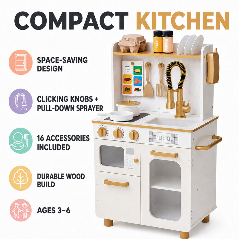 Teamson Kids Wooden Play Kitchen Set with 16 Accessories, Extendable Faucet, White Gold Compact Wooden Play Kitchen, Oven, Sink and Storage Little Chef Memphis image number 2