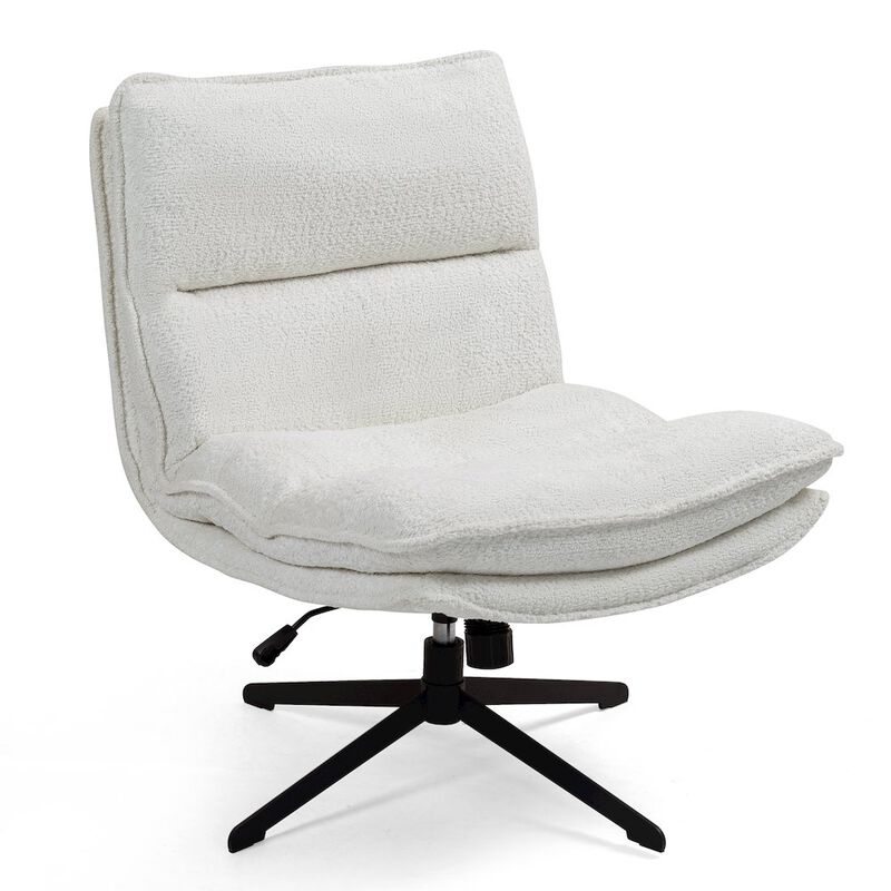 Glamour Home Benecia White Boucle Upholstered Fabric Accent Chair Black Metal Swivel Legs