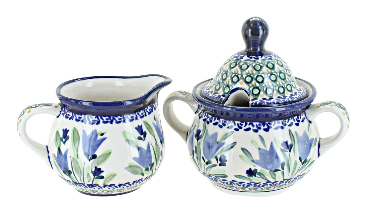 Blue Rose Polish Pottery Floral Butterfly Cream & Sugar Set