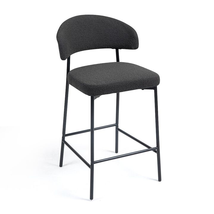 Glamour Home Set of 2 Bennett Black Boucle Upholstered Fabric Counter Stool Black Iron Legs