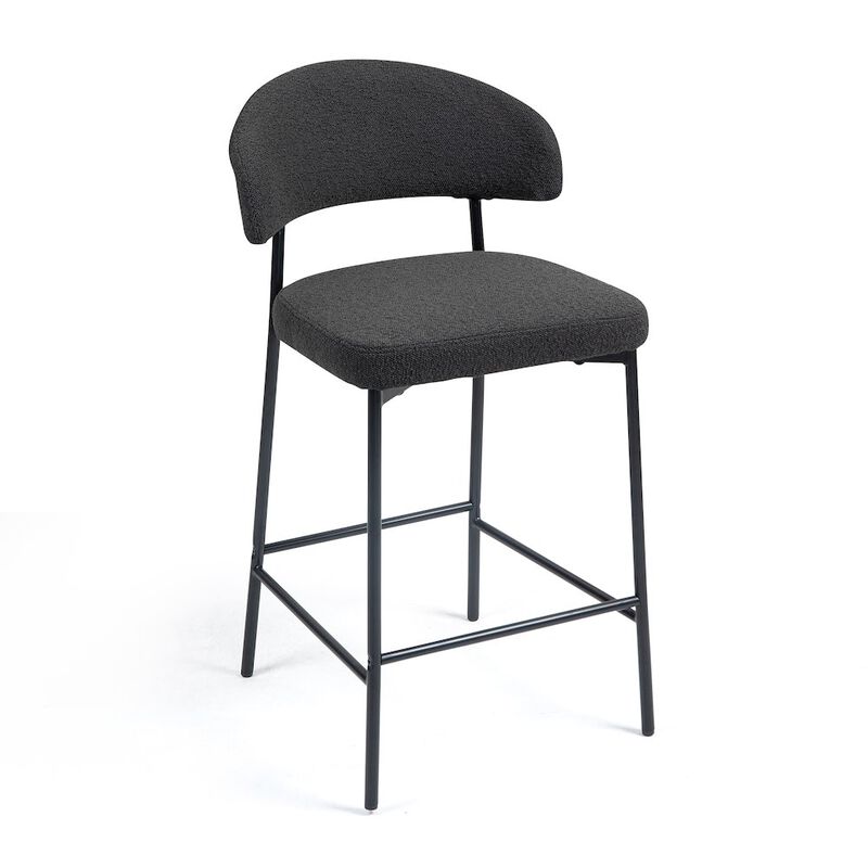 Glamour Home Set of 2 Bennett Black Boucle Upholstered Fabric Counter Stool Black Iron Legs