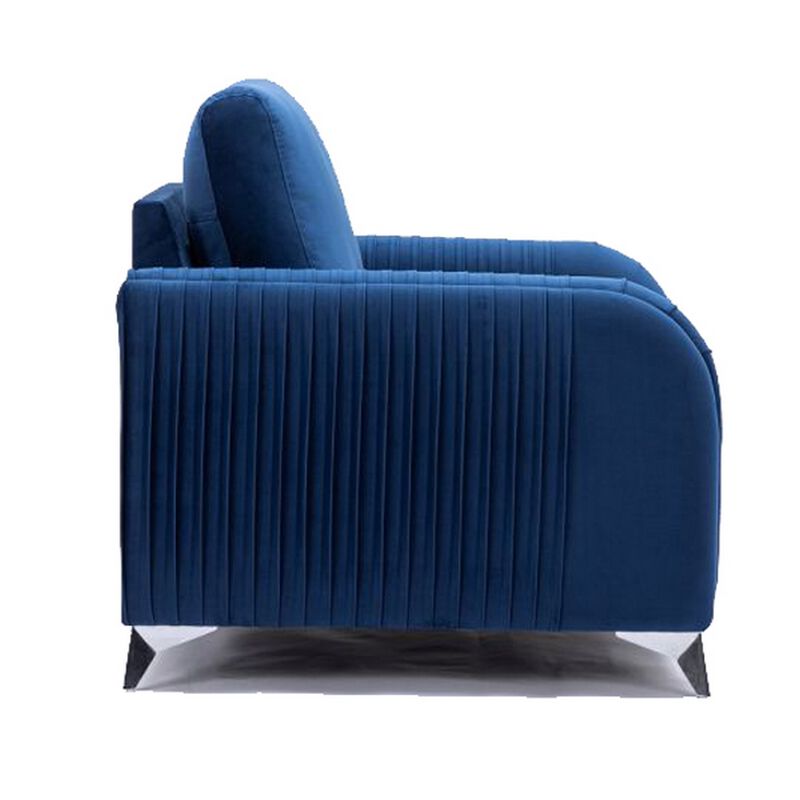Wiena 59 Inch Loveseat, Velvet Upholstery, Solid Pine Wood, Blue and Chrome - Benzara