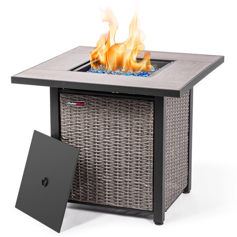 OuterMust 30 Inch Propane Fire Pit Table 50,000 BTU with Lid & Blue Glass Bead