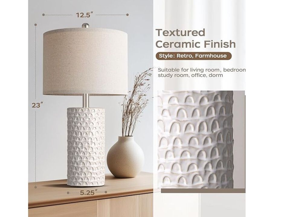 Ceramic Table Lamp Set of 2 &ndash; Farmhouse Beige, White Shade, 23" Tall