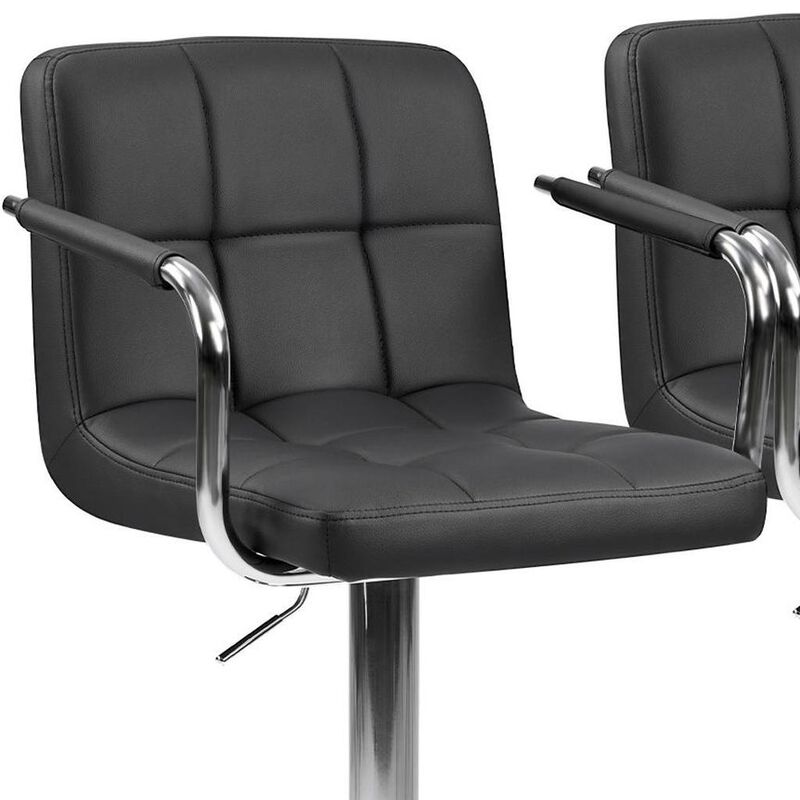 HomeRoots Set of Two Black and Silver Faux Leather and Aluminum Adjustable Height Swivel Bar Chairs image number 3
