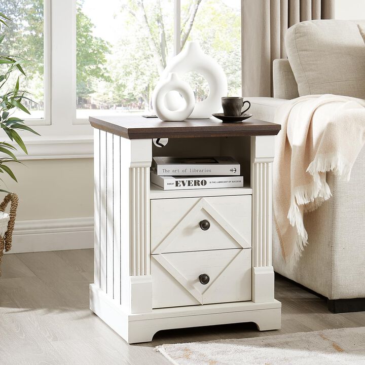 Minifeel Nightstand with Charging Station, Rustic 18 Inch Farmhouse End Table with Barn Door, Wood Sofa Side Table with 2 Storag