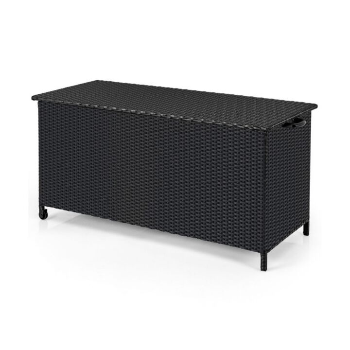 Indoor Outdoor 85 Gallon Storage Container with Waterproof Liner, Universal Wheels and PE Rattan