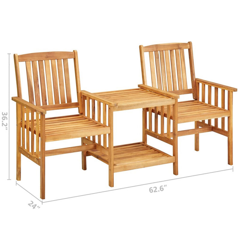 3pc Outdoor Patio Chairs w Attached Table, Slatted Solid Acacia Wood - Benzara