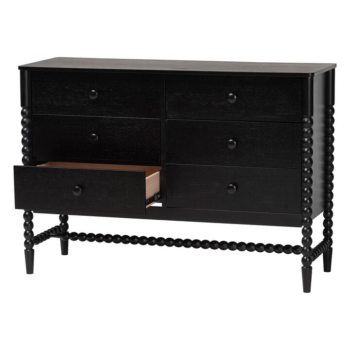 Baxton Studio Brantley Spindle Dresser - 6-Drawer Horizontal Storage Cabinet with Beaded Frame and Elevated Base for Bedroom