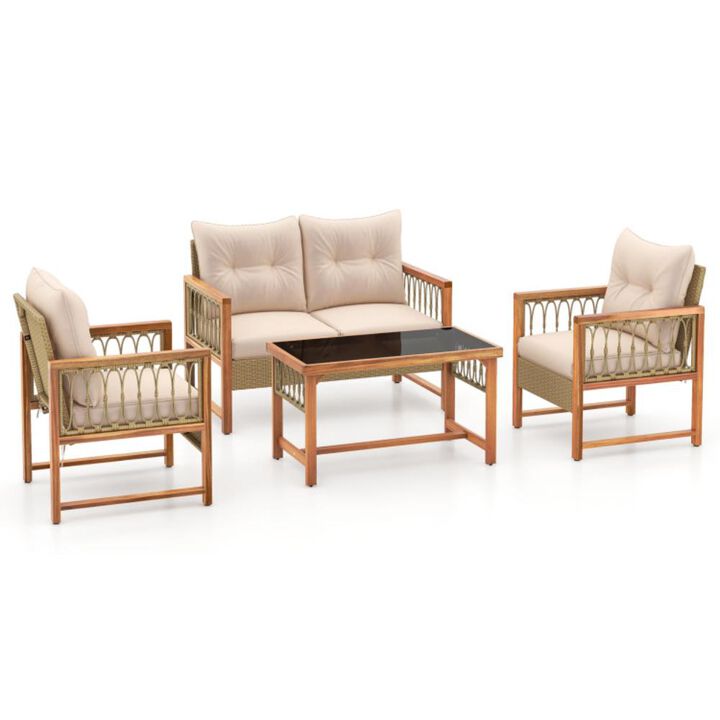 Hivvago 4 Pieces Outdoor Patio PE Wicker Conversation Bistro Set with Acacia Wood Frame