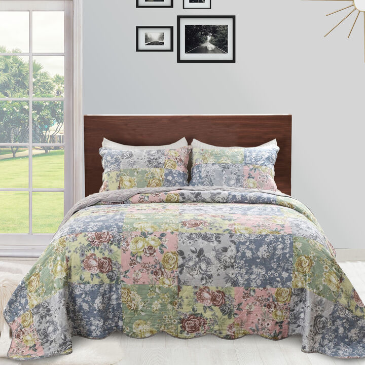 Eni 3 Piece Queen Cotton Quilt Set, Vibrant Pastel Blue Flowers, Scalloped - Benzara