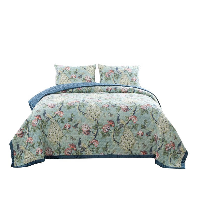Eden 2 Piece Twin XL Quilt Set, Peacock and Songbirds, Green Microfiber - Benzara