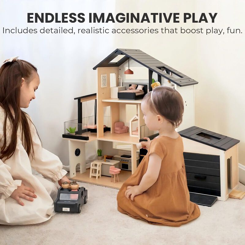 Wooden Doll House, Black Dollhouse & Dollhouse Garage & Extra Dolls Set image number 5