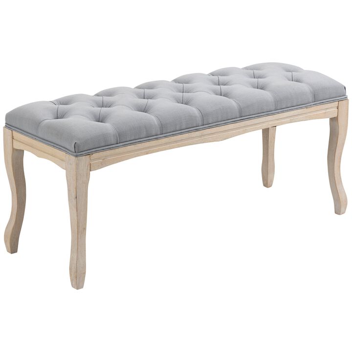 43" Upholstered Entryway Bench, Linen Fabric Ottoman Stool with Button Tufted Seat, and Rubber Wood Legs for Living Room, Bedroom, Grey